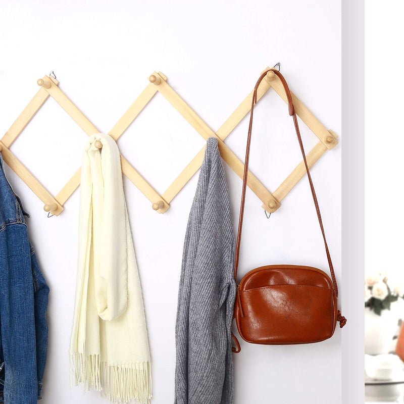 Dseap Accordian Wall Hanger: 16â€ High Wooden Wall Expandable Coat Rack, Hat Rack Holder, Accordion Hook for Baseball Caps, Coats, Mugs, 10 Peg Hooks, Natural - Image 4